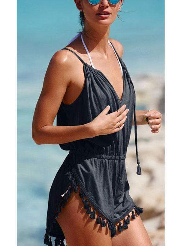 wiccous.com Cover-Ups Full Black / S V-Neck Sling With Pleated Hem Tassel Jumpsuit