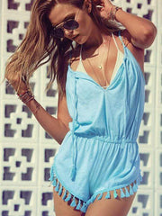 wiccous.com Cover-Ups Sky blue / S V-Neck Sling With Pleated Hem Tassel Jumpsuit