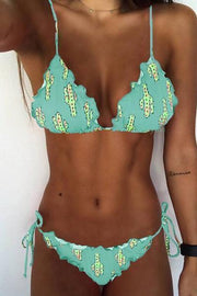 wiccous.com Bikini Green / S Ruffles Cactus Print Bikini Set