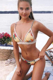 wiccous.com Bikini Printing / S Printed Knit Stitching Split Swimsuit