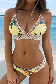 wiccous.com Bikini Printing / S Printed Knit Stitching Split Swimsuit