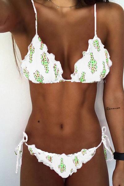 wiccous.com Bikini White / S Ruffles Cactus Print Bikini Set