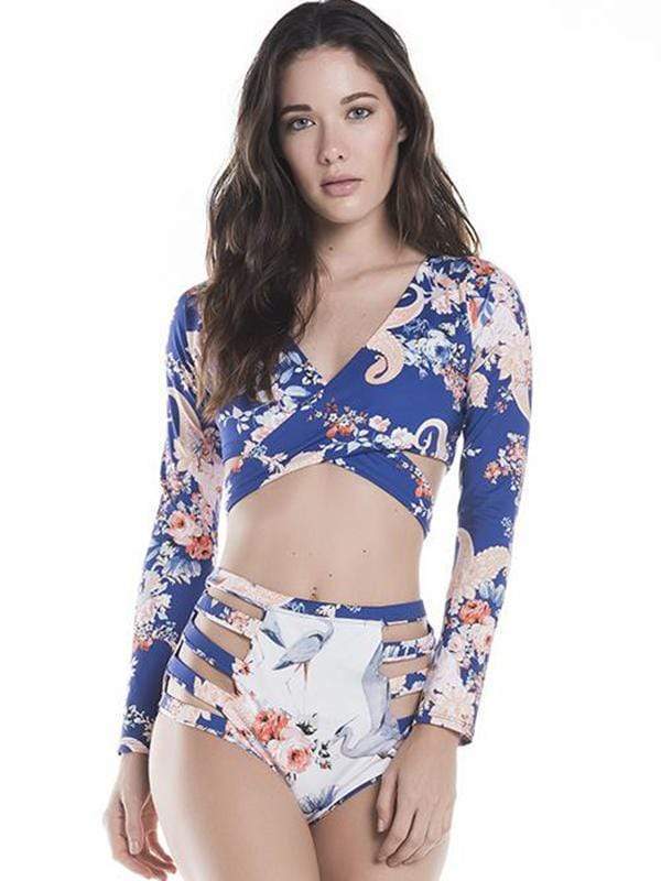 wiccous.com Swimwear Blue / S Cross-Belt Long Sleeve Sunscreen Print Surf Split High Waist Swimsuit
