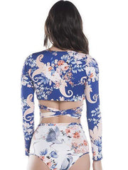 wiccous.com Swimwear Blue / S Cross-Belt Long Sleeve Sunscreen Print Surf Split High Waist Swimsuit