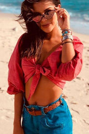 wiccous.com Tops Maroon / S Lantern Sleeve Bow Blouse