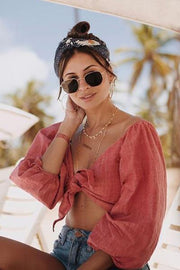 wiccous.com Tops Maroon / S Lantern Sleeve Bow Blouse