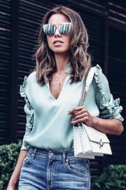 wiccous.com Tops Mint / S Mint Ruffled V-neck Blouse