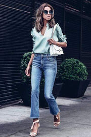 wiccous.com Tops Mint / S Mint Ruffled V-neck Blouse