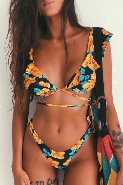 wiccous.com Bikini Pattern1 / S Floral Ruffled Low Rise Bikini Set